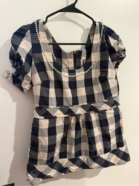 Y2K Babydoll Juicy Couture Navy and Cream Gingham Puff Sleeve Peplum Top